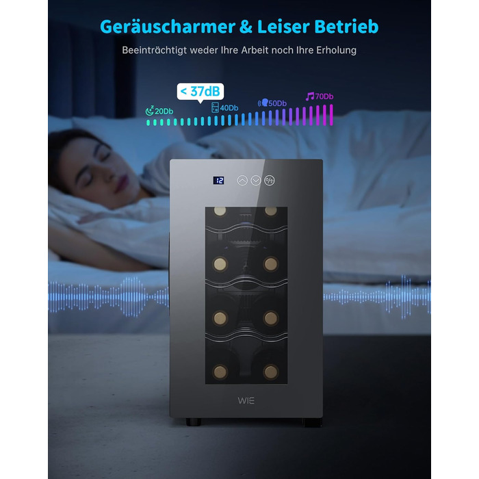 WIE 33 Liter Wine Fridge - 1 Zone Wine Cooler with Glass Door & LED Touch Panel - Mini Wine Refrigerator for 8 Bottles