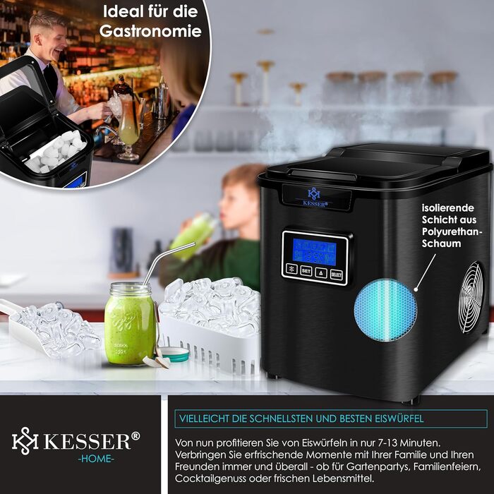 Машина для приготування льоду KESSER® з нержавіючої сталі, 150W, 12 кг/24 год, 3 розміри кубиків, таймер, LCD-дисплей, чорний