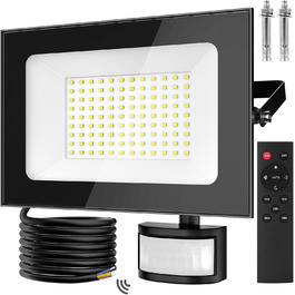 Papasbox 2 Pack LED Floodlights with Motion Sensor and Light Sensor | Outdoor Floodlights Spotlight with Remote Control | 6500K Cool White IP66 Waterproof Floodlight for Garden, Garage, Sports Field (100W, 1 Piece)