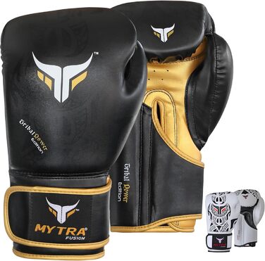 Боксерські рукавички MyTra Fusion 10oz, 12oz, 14oz, 16oz для MMA, боксу, спарингу, муай-тай, кікбоксингу (чорний/золотий)