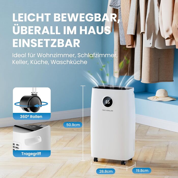 Електричний осушувач повітря 25л/день, 50㎡, з керуванням через додаток та сенсорною панеллю, для підвалу, бак 3,7л, зливний шланг, 47дБ, таймер 24г, дитячий замок, гарантія 3 роки (15л/день)