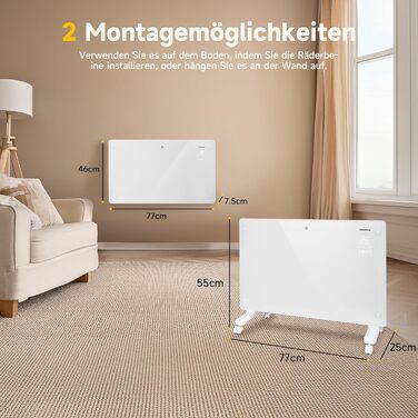 Електричний конвектор Aigostar з термостатом та Wi-Fi, 2000W, для кімнат до 30 м², чорний. Можлива установка на стіну або на підлогу.