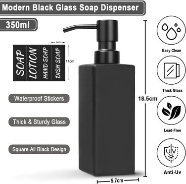 Набір мильниць MIUSITE 2 шт. по 350 мл з нержавіючою сталевою помпою, для мила та миття посуду, сучасні скляні флакони для ванної кімнати та кухні з водонепроникними етикетками, чорного кольору