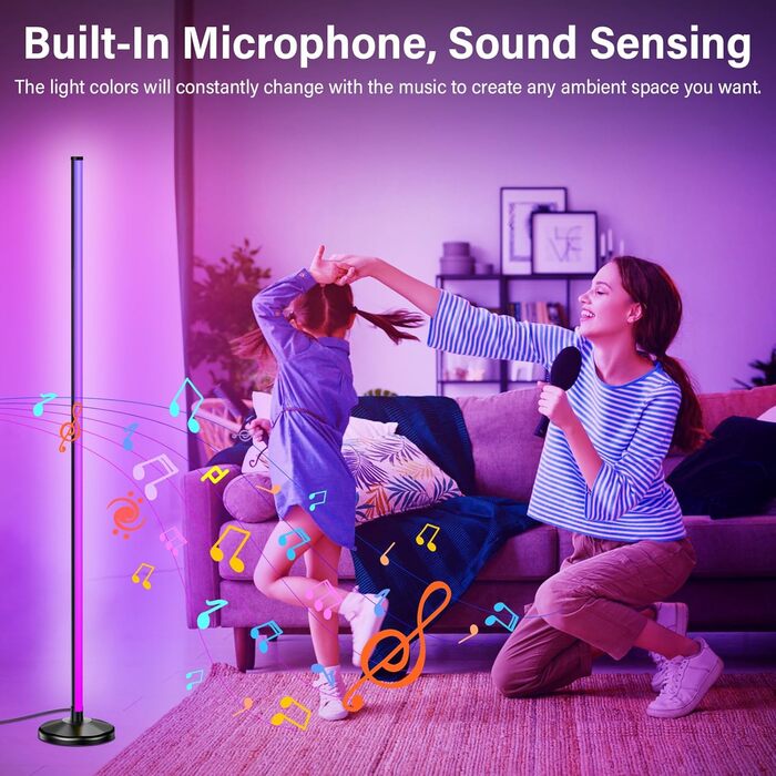 LED торшер для вітальні 145 см RGB, диммування, керування пультом/APP, 16 млн кольорів, 300 режимів, музичний режим, DIY, чорний