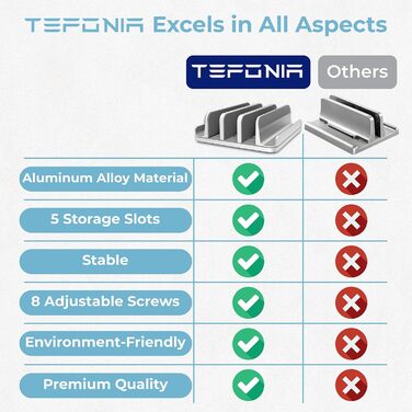 TEFONIA 5-Slot Vertical Laptop Stand - Aluminum Desk Organizer for MacBook, iPad, Tablets & Laptops - Silver