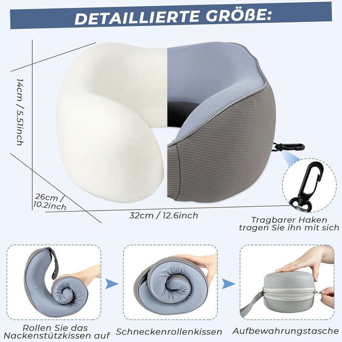 Memory Foam Travel Pillow with Storage Box - Orthopedic Neck Pillow for Airplane, Car, Train - 100% Memory Foam
