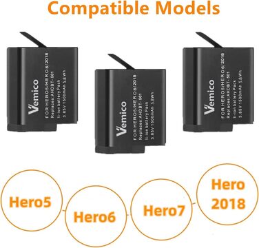 Зарядний комплект Vemico Hero 7/6/5: 3 акумулятори 1500mAh, зарядний пристрій з LED, Type-C, сумісний з Hero 7/6/5/2018, AHDBT-501