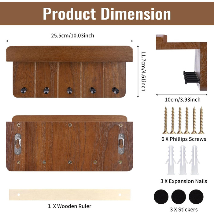 Дерев'яне ключниця з поличкою, ключниця на стіну з 5 гачками, декоративне настінне кріплення для ключів, підходить для прихожей, коридору, кухні, спальні (Темно-коричневий)