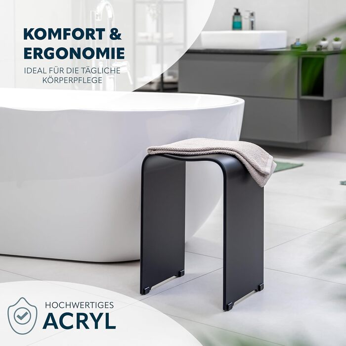 Bremermann Bath Stool, Acrylic Shower Stool, approx. 33 x 27.5 x 48 cm (W/D/H), with handle recess, ergonomically shaped, maximum load capacity 130 kg (matte black)
