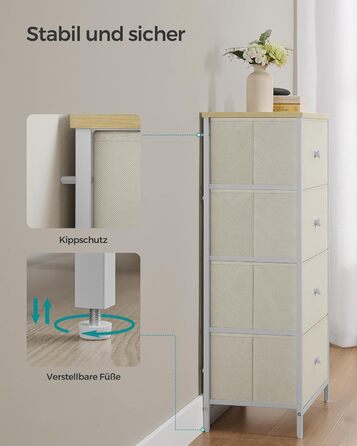 SONGMICS Chest of Drawers, Storage Cabinet with 4 Fabric Drawers, Metal Frame, Tall and Narrow, White-Oak Finish LTS314W57 (Camel Yellow + Cream White, 30W x 45D x 91.7H cm (4 Drawers))