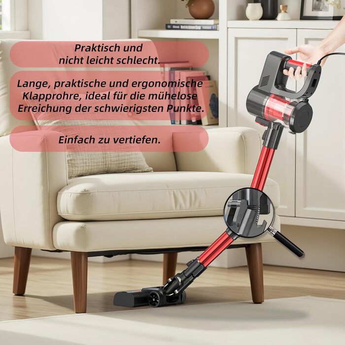 Yikko 3-в-1, пилосос 60KPa з потужним кабелем, електрична підміталка з гнучким шлангом, пилосос з LED-підсвічуванням, ідеально підходить для килимів/підлоги/волосся (Червоний-60)