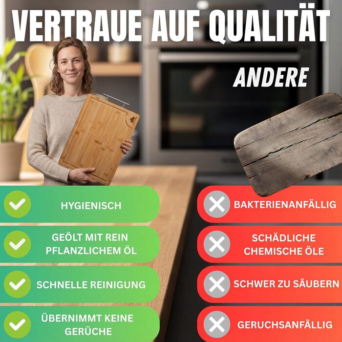 Двостороння обробна дошка з нержавіючої сталі та бамбуку | Кухонна дошка з жолобком для соку та металевим руків'ям | Антибактеріальна дерев'яна дошка для кухні | Велика дошка з бамбуку | Розділочна дошка 40x30x2 см