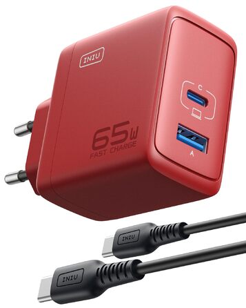 Зарядний пристрій INIU 65W USB-C + USB-A GaN, мережевий адаптер для MacBook, iPad, iPhone, Samsung Galaxy, Pixel - червоний