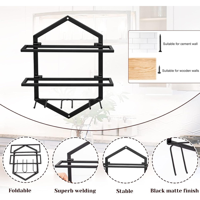 Giyiprpi Metal Wall-Mounted Wine Rack, Hanging Wine Glass Holder Organizer for 2 Bottles and 3 Glasses Included, Wine Shelf Red Wine Rack for Home Kitchen Bar Display Decor (Black 2)
