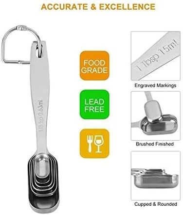 Shovel spoon set, 6-piece, stainless steel measuring spoons, slim measuring teaspoon set, measuring cups, for dry and liquid ingredients, spices, sugar, coffee, kitchen scale, kitchen.