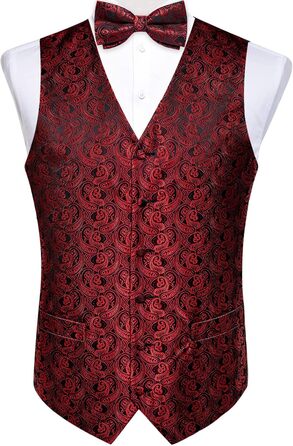 Костюмний жилет чоловічий DiBanGu для весілля з краваткою, нагрудником та запонками. Жилет з паєтковим візерунком у червоно-чорних кольорах, розмір XXL