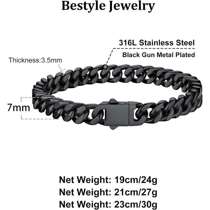 Чоловіча ланцюжок Panzerkette Miami з нержавіючої сталі Bestyle, 19/21/23 см, 5/7/9/12.5 мм, з подарунковою коробкою, чорний колір