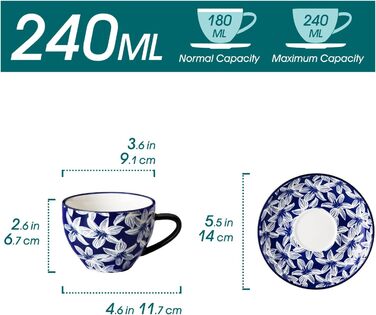 Набір кавових чашок капучіно Vancasso Selene 6 шт., 240 мл, блакитно-білий вінтажний дизайн, високоякісне фарфорове покриття, придатні для миття в посудомийній машині та використання в мікрохвильовій печі