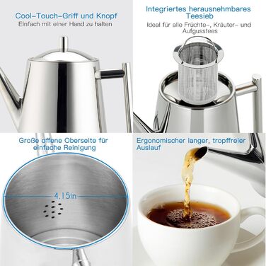Easyworkz Teapot with infuser insert 1500ml Stainless Steel, Tea Maker for all fruits, herbs and infusion teas
