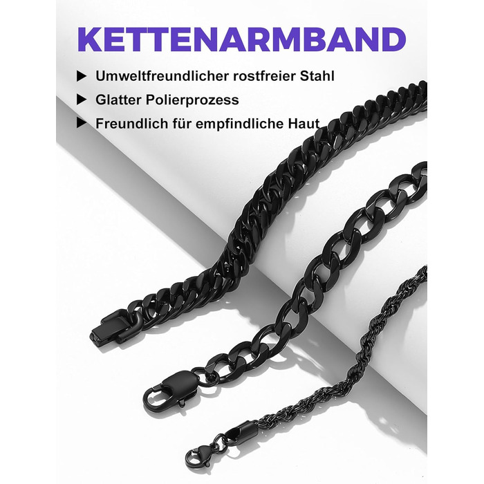 Набір чоловічих браслетів Richsteel з нержавіючої сталі (3 шт.), чорний/сталь/золото, 9/8/4 мм, довжина 19/21/23 см, для подарунка