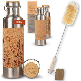 Stainless Steel Water Bottle 750ml - Sustainable, insulated Thermo Water Bottle made of Stainless Steel, leak-proof - Iso Bottle without harmful substances, BPA free - Thermos Drinking Bottle (Floral Print) (Flowers (Print) + Bottle Brush)