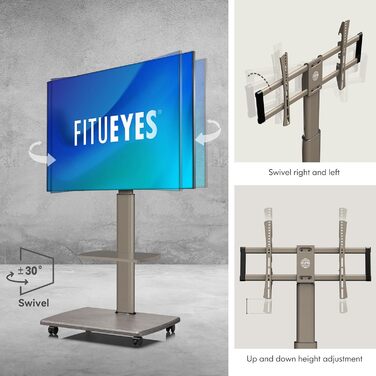FITUEYES Rolling TV Stand with Wood Shelf - Adjustable Height & Swivel - Fits 32-70 inch TVs up to 40kg, VESA 400x600 - White (Khaki)