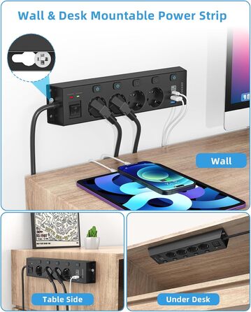 Мережевий фільтр Steckdoseleiste з індивідуальним керуванням, 5 розеток, настінний монтаж, захист від перенапруги 1050 Дж, для дому та офісу, кабель 2 м (4 розетки з USB, чорний)