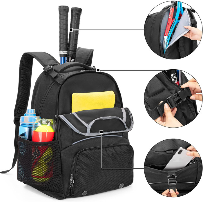 DSLEAF Tennis Backpack for 2 Rackets - Multi-Sport Bag with Ventilated Shoe Compartment - Tennis, Pickleball, Badminton, Squash - Black