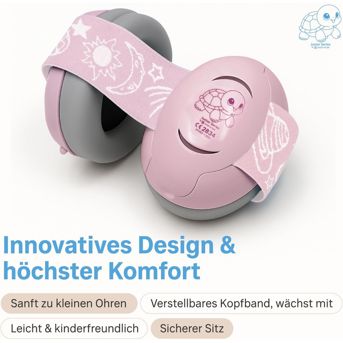 Навушники для захисту вух дитини 3-6 років. Комфортні, сертифіковані CE. Захист від шуму для концертів, подорожей та повсякденного використання. Без тиску на велике джерельце. Білі/Рожеві.
