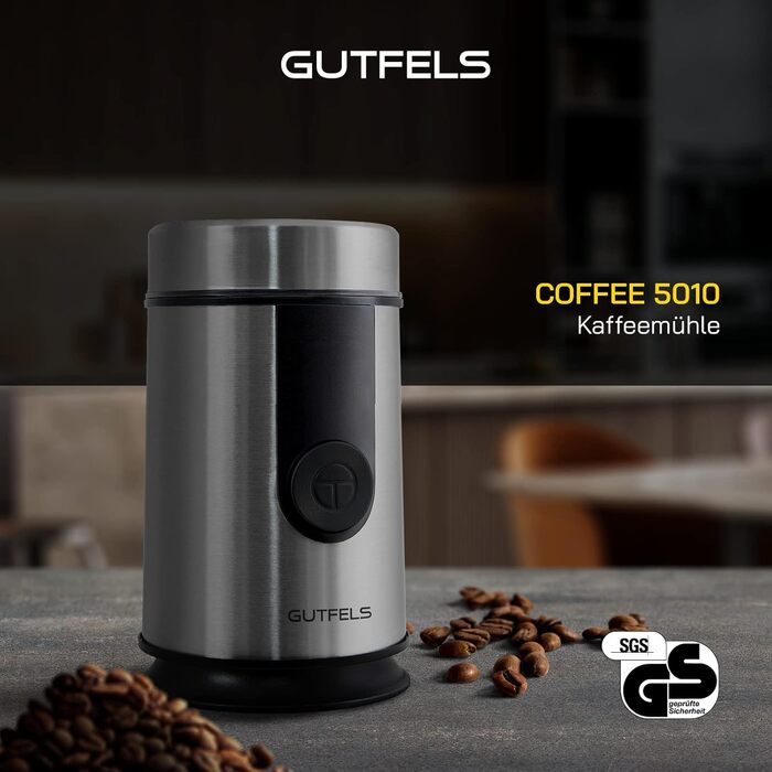 Електрична кавомолка GUTFELS COFFEE 5010, 50 г, нержавіюча сталь, з віконцем, SAFE-CLOSE