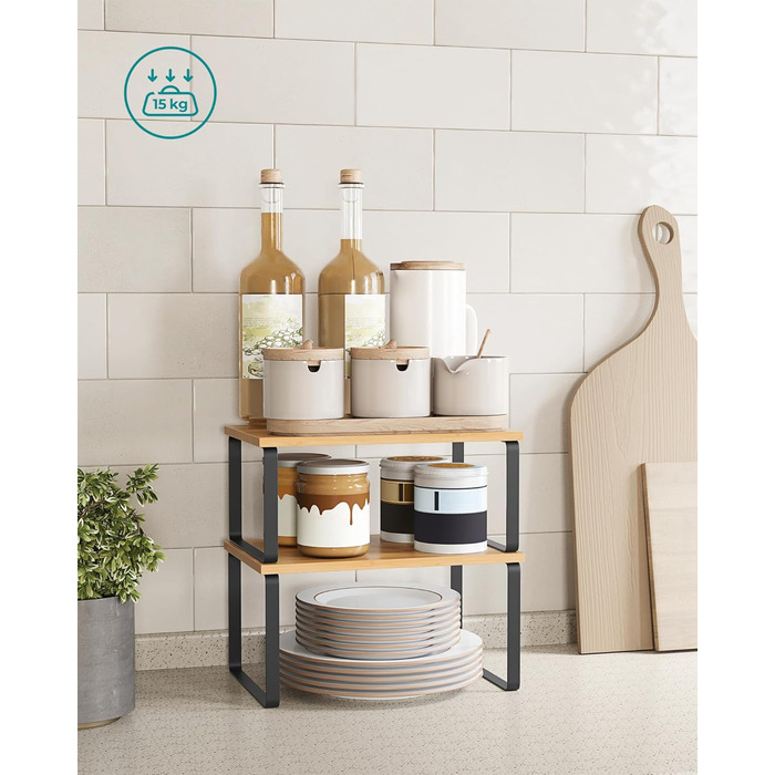 SONGMICS Spice Rack, 4-Piece Set, Kitchen Shelf, Kitchen Organizer, Expandable, Spice Holder, Stackable, with Metal Frame, 19.5 x 29.7 x 15.8 cm, Ink Black-Natural Beige KCS10NB