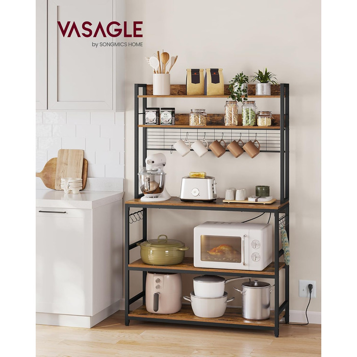 Стелаж кухонний VASAGLE з розетками, для мікрохвильової печі, з решіткою, 14 гачків, антрацит-чорний (40 x 100 x 170 см, Вінтаж-коричневий + Чорний)