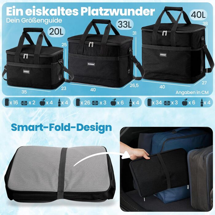 Термосумка HELDENWERK 40л, велика, складна – ізотермічна сумка для пікніка, ланчу, з 7 відділеннями, витримує до 12 годин, водовідштовхувальна, чорна