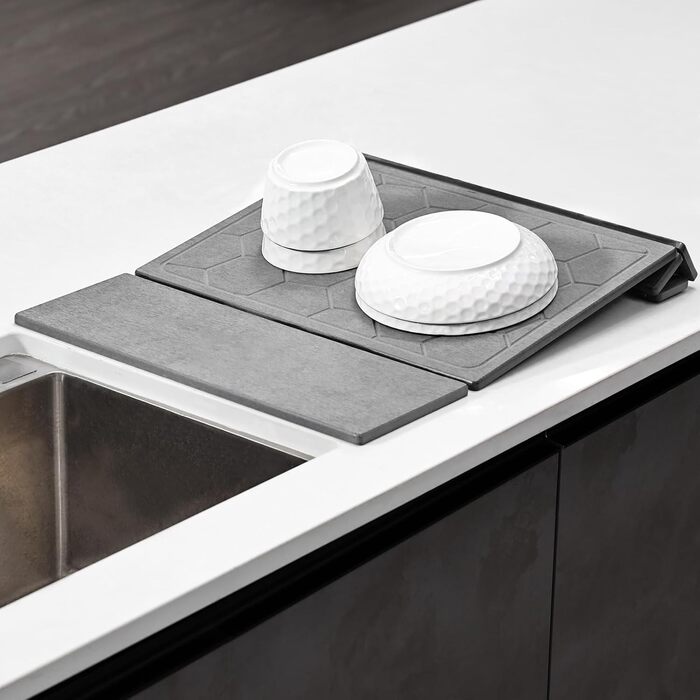 Килимок для сушіння посуду KitchenRaku, швидковисихаючий, з діатоміту (40x60 см, темно-сірий, стільниковий візерунок)