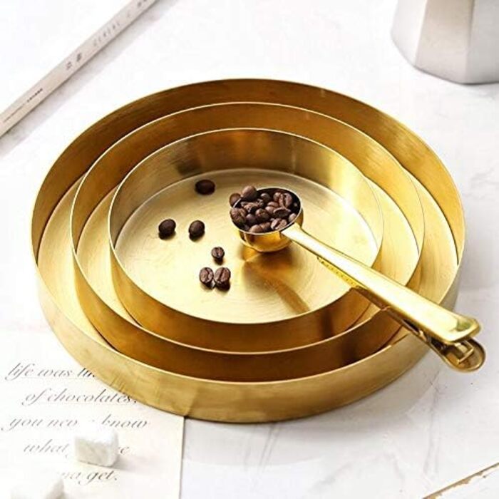 Round Stainless Steel Serving Tray, Gold Jewelry and Makeup Organizer/Candle Tray Gold (22 cm)