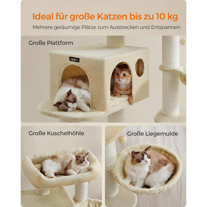 Feandrea Cat Tree for Large Cats, XXL, Heavy-Duty, Cat Tower with 6 Extra Thick Scratching Posts, Large Platform, Cave, Basket, Flexible Assembly, Detachable and Washable Cushions, Beige PCT01M