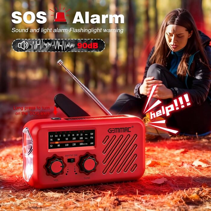 Радіоприймач Kurbelradio з навушниками, AM/FM/SW, сонячне аварійне радіо, 2000mAh Power Bank, радіо на батарейках, будівельне радіо з всесвітнім приймачем, ліхтарик SOS для аварійного обладнання 297-Red