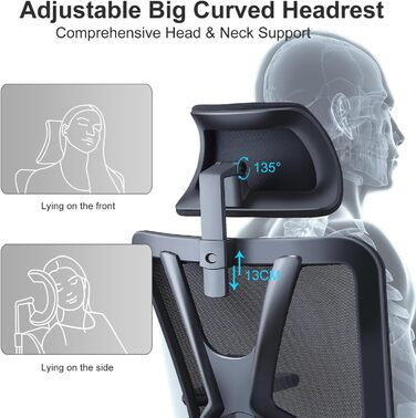 Ticova Ergonomic Office Chair - Adjustable Lumbar Support, Headrest & 3D Armrests
