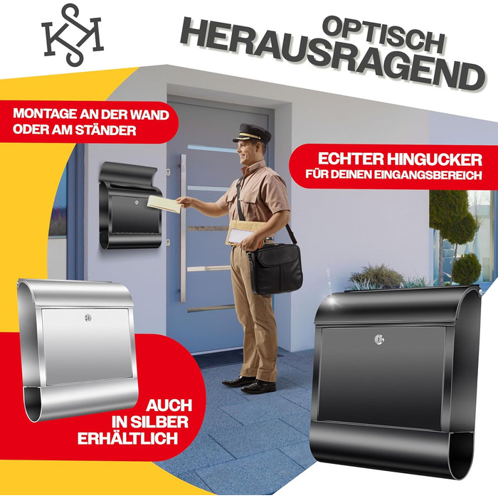 Поштовий ящик настінний KESSER XXL з нержавіючої сталі, з газетницею, замок з 3 ключами, чорний