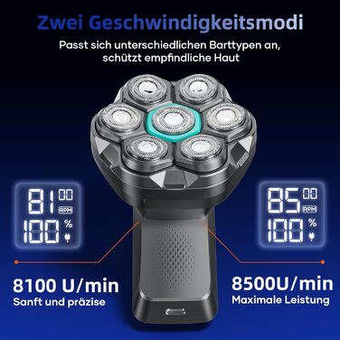 Машинка для гоління голови чоловіча Kensen 7D водонепроникна, з магнітною насадкою, Type-C, 8100/8600 об/хв, сіра