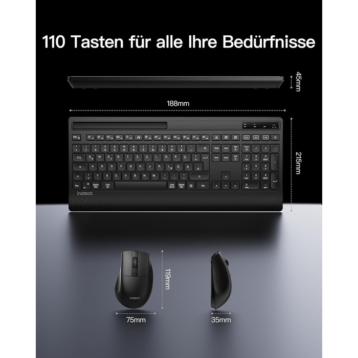 Inateck Бездротовий Комплект Клавіатури та Миші з Підсвічуванням, QWERTZ, з Підтримкою Bluetooth, з Підкладкою під Руку, для Mac, Windows, Laptop, PC, Smart TV, KB06006