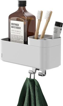 Tiger 2-Tier Bathroom Shelf with Integrated Toothbrush Holder and Hooks, Bathroom Shelf for Shower and Vanity to Store Bathroom Accessories, Color: White