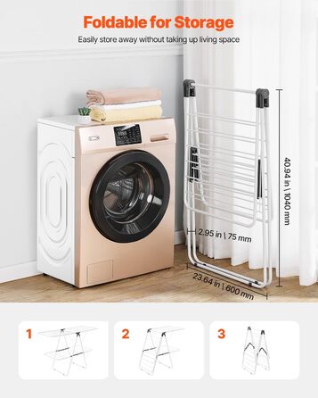 Сушарка для білизни VEVOR 2-ярусна розкладна з прищіпками та 31 вішалкою, регульована по висоті, металева, для ванної, балкону, 1470 x 600 x 1000 мм