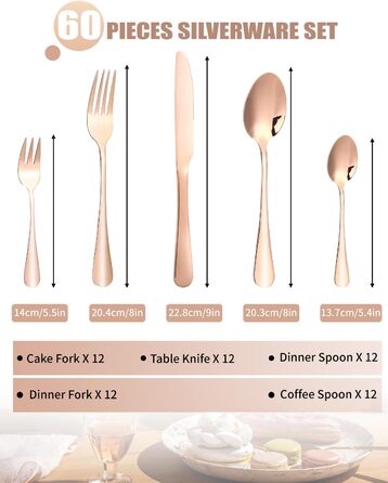 12-Person Cutlery Set, 60-Piece Gold Cutlery, High-Gloss Polished and Dishwasher Safe, Elegant Gold Cutlery, with Knife, Fork, and Spoon, for Home, Party, Restaurant (Gold Rose)