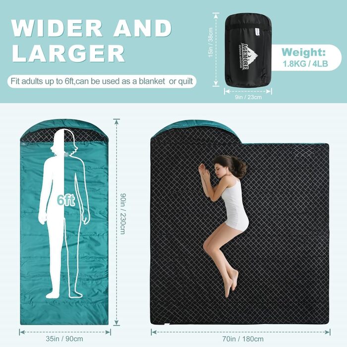 Спальний мішок Baumwoll-Flanell для дорослих: легкий, водонепроникний, 100% бавовна, для кемпінгу, подорожей, відпочинку вдома та на природі (Морська блакить)