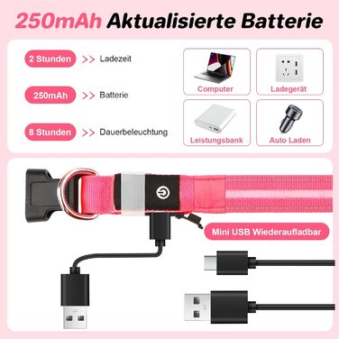 Світлодіодне нашийник для собак Feycig - USB, водонепроникний, 3 режими, регульований, для малих, середніх та великих собак (Рожевий, L(48-60см))