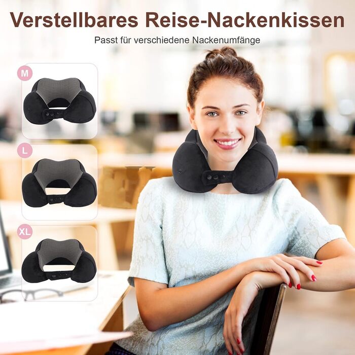 Подушка для шиї в літак та авто з ефектом пам'яті (Memory Foam), набір для подорожей зі маскою для сну, берушами та сумкою, чорна