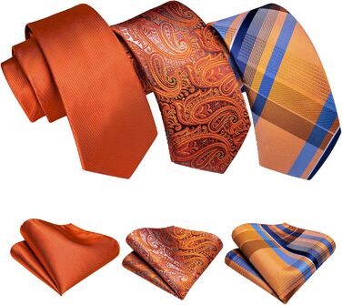 Набір краваток Barry.Wang для чоловіків з візерунком пає, тканина - шовк, з чохлом, краваткові затискачі, формальний стиль (оранжево-смугастий)