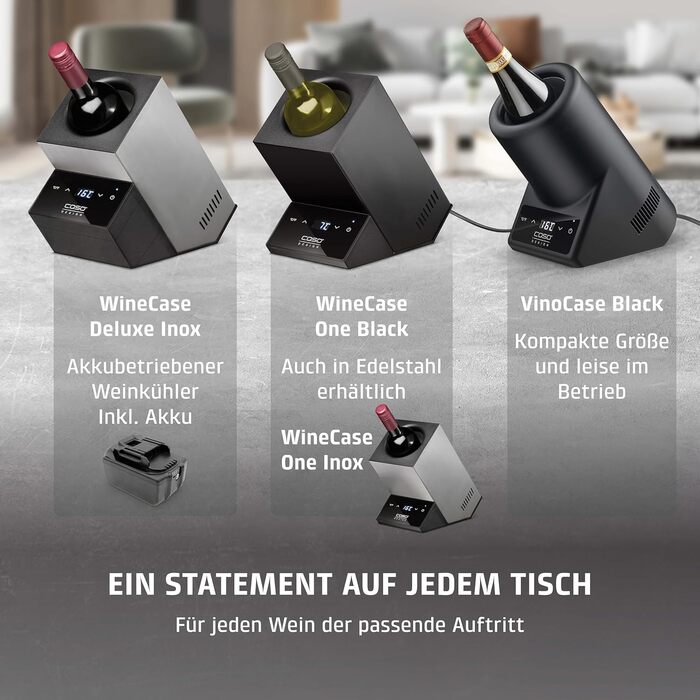CASO VinoCase Black Single Bottle Wine Cooler - Quiet Operation, 5-18°C Temp