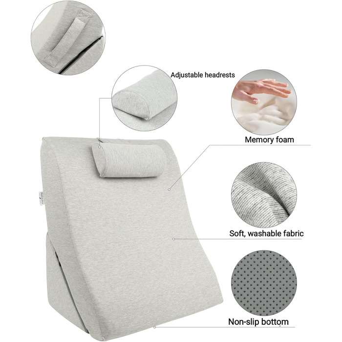 Подушка для спини Lesekissen з регульованою підголовником, з піною з пам'яті, знімний чохол, дихаюча та неслизька, з ручкою - трикутна для спини, шиї та ніг - 60 x 50 x 30 см